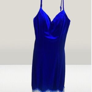 Blue Satin Chemise with Lace Trim and Spaghetti Straps